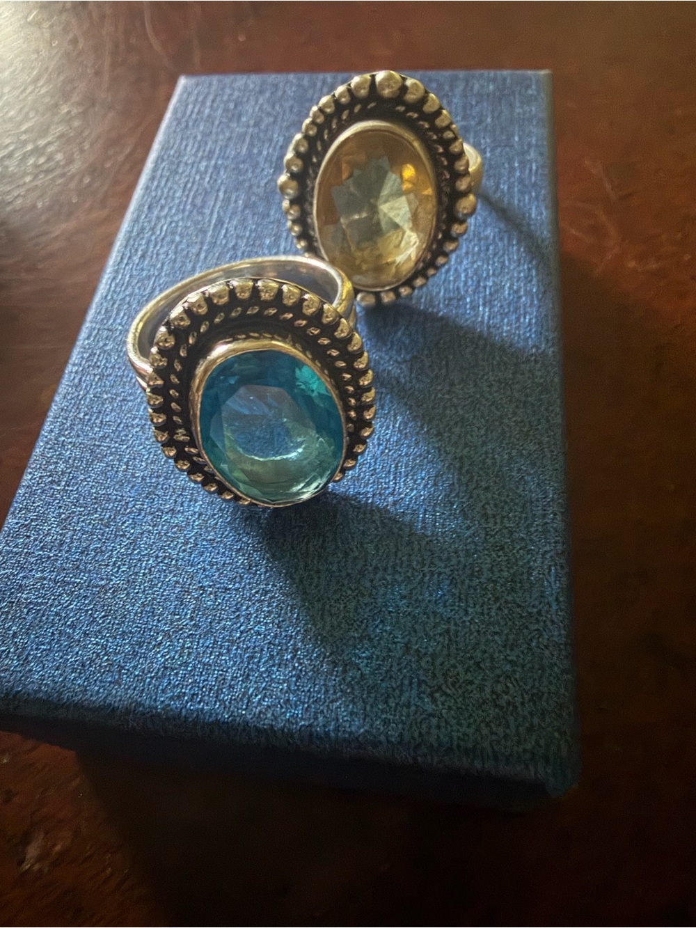 Two 925 Sterling Silver Rings 6.5 Blue Topaz & Yellow Sapphire Stones